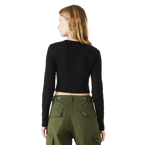 Women's Micro Rib Long Sleeve Baby Tee Solid Black Blend back Model